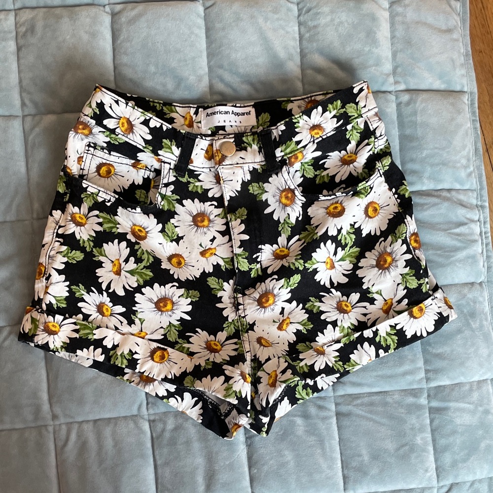American Apparel Women's Black Daisy Floral Jean Shorts
